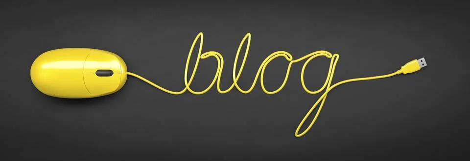 A yellow computer mouse and the word blog formed by the cable Stock Illustration