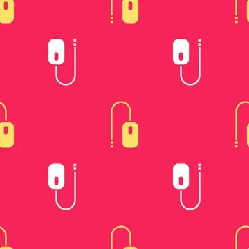 Yellow Computer mouse icon isolated seamless pattern on red background. Optic Illustrazione stock
