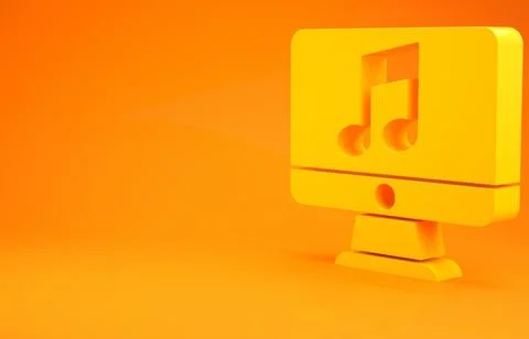 Yellow Computer with music note symbol on screen icon isolated on orange back Stock Illustration