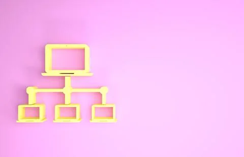 Yellow Computer network icon isolated on pink background. Laptop network. Int Illustrazione stock
