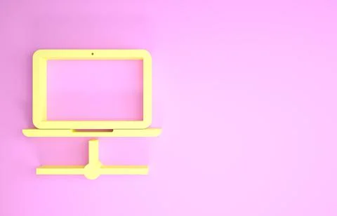 Yellow Computer network icon isolated on pink background. Laptop network. Int Stock Illustration