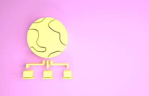 Yellow Computer network icon isolated on pink background. Online gaming. Lapt 스톡 일러스트