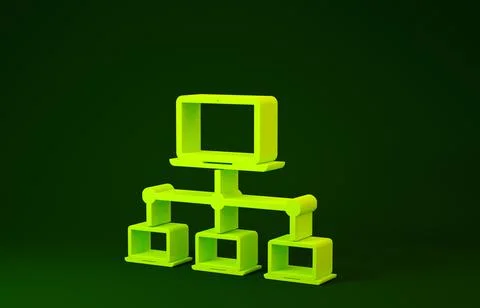 Yellow Computer network icon isolated on green background. Laptop network. In Illustrazione stock