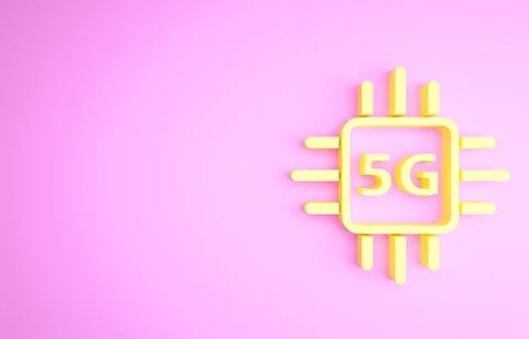 Yellow Computer processor 5G with microcircuits CPU icon isolated on pink bac イラスト素材