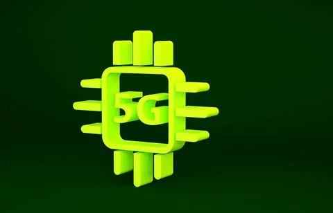 Yellow Computer processor 5G with microcircuits CPU icon isolated on green ba Stock Illustration