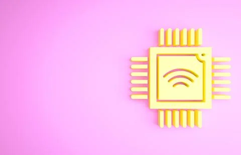 Yellow Computer processor with microcircuits CPU icon isolated on pink backgr Stock Illustration