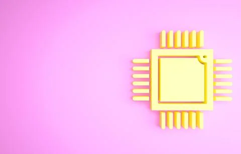 Yellow Computer processor with microcircuits CPU icon isolated on pink backgr Stock Illustration