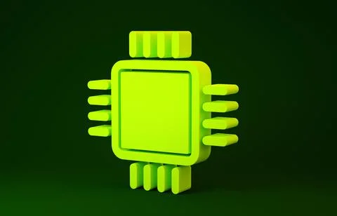 Yellow Computer processor with microcircuits CPU icon isolated on green backg Stock Illustration
