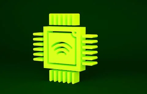 Yellow Computer processor with microcircuits CPU icon isolated on green backg Illustrazione stock