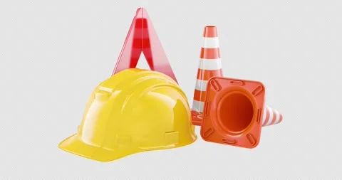 Yellow construction hard hat, orange traffic cones, and red warning triangle  Stock Footage 311077349
