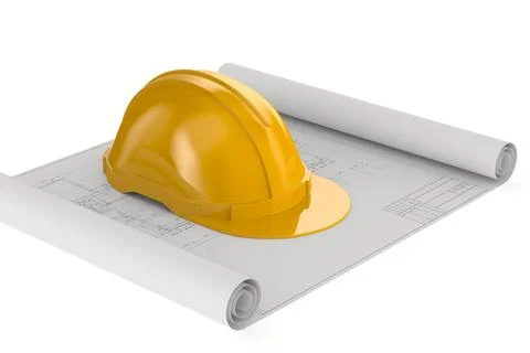 Yellow construction helmet and construction drawing blueprint on white back.. Stock Illustration
