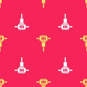 Yellow Construction jackhammer icon isolated seamless pattern on red background Stock Illustration
