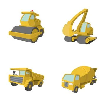 Yellow construction vehicles playing on white background Stock Illustration