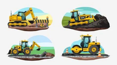 Yellow construction vehicles at work in set Illustrazione stock