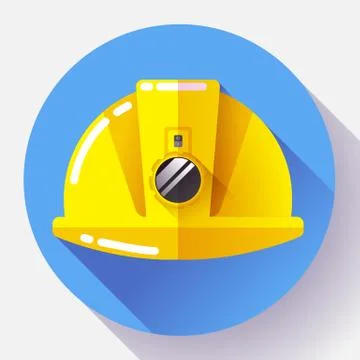 Yellow construction worker helmet with flashlight icon. Flat design style. Stock Illustration