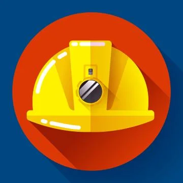 Yellow construction worker helmet with flashlight icon. Flat design style. Stock Illustration