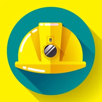 Yellow construction worker helmet with flashlight icon. Flat design style. Illustrazione stock