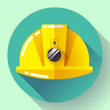 Yellow construction worker helmet with flashlight icon. Flat design style. Illustrazione stock