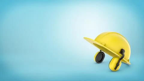 A yellow construction workers hard hat with earmuffs on blue background Stock Illustration