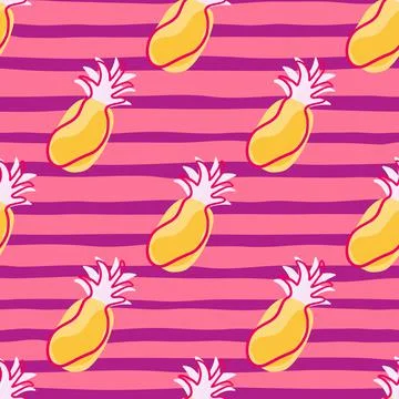 Yellow contoured seamless pattern with doodle pineapples shapes. Pink striped Stock Illustration