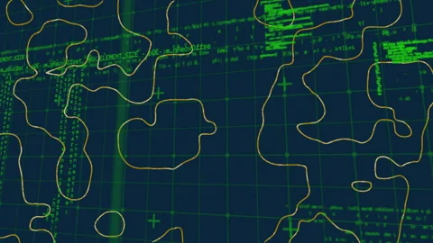 Yellow contours emerging from left drifting, morphing over green code on 3D grid Stock Footage 309893981