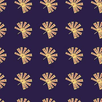 Yellow contrast seamless pattern with folk licuala palm ornament on navy blue Illustrazione stock