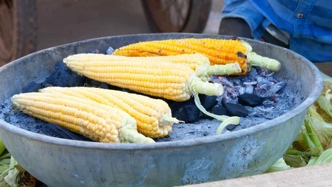 Yellow corn is baked or roasted on charcoal. Street food in India. Barbecue Stock Footage 120337824