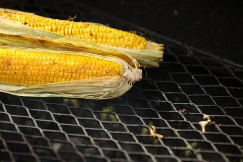 Yellow corn cooked on a grill. Preparing healthy food. Cooking outside. Stock Photos