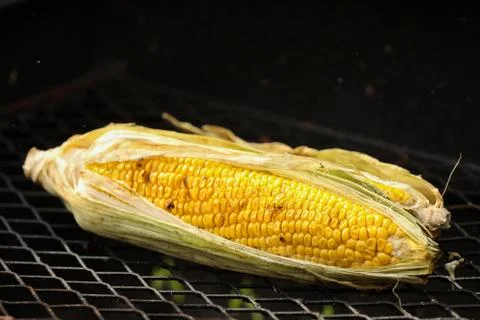 Yellow corn cooked on a grill. Preparing healthy food. Cooking outside. Stock Photos