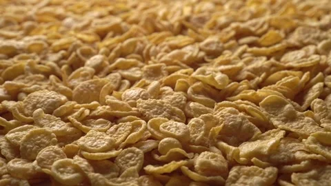 Yellow corn flakes form a slowly rotating textured background. Concept of Stock Footage 242293740