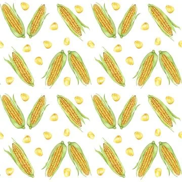 Yellow corn seamless pattern, green husk textile, golden cobs background Illustrazione stock