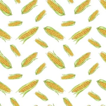 Yellow corn seamless pattern, green husk textile, golden cobs background Stock Illustration