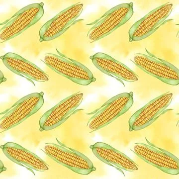 Yellow corn seamless pattern, textile, with golden cobs on abstract spill Stock Illustration