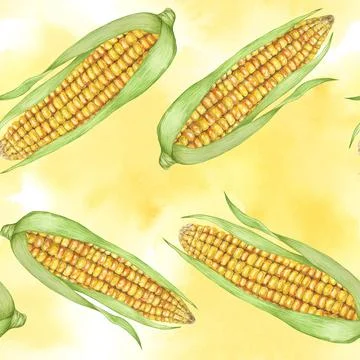 Yellow corn seamless pattern, textile, with golden cobs on abstract spill イラスト素材