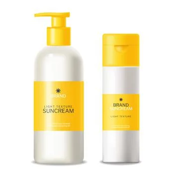 Yellow cosmetics sunscreen lotion vector realistic. Product placement mock up 스톡 일러스트