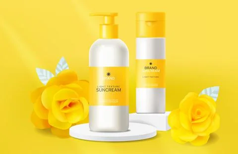 Yellow cosmetics sunscreen lotion vector realistic. Product placement mock up 스톡 일러스트