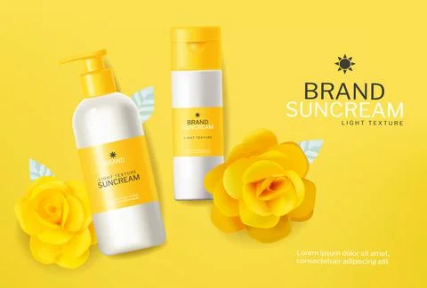Yellow cosmetics sunscreen lotion vector realistic. Product placement mock up 스톡 일러스트