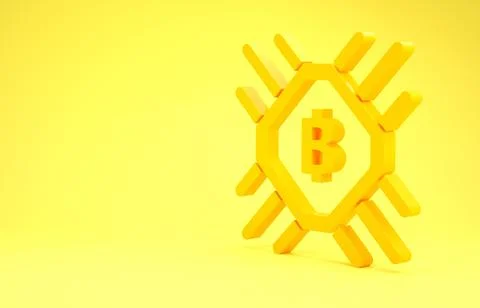 Yellow CPU mining farm icon isolated on yellow background. Bitcoin sign insid 스톡 일러스트