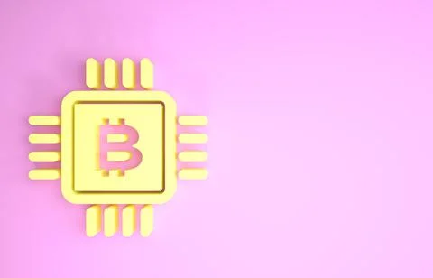 Yellow CPU mining farm icon isolated on pink background. Bitcoin sign inside  Illustrazione stock