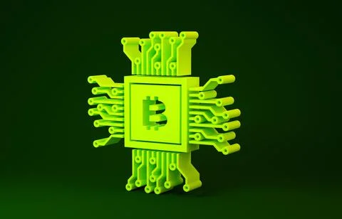 Yellow CPU mining farm icon isolated on green background. Bitcoin sign inside Illustrazione stock