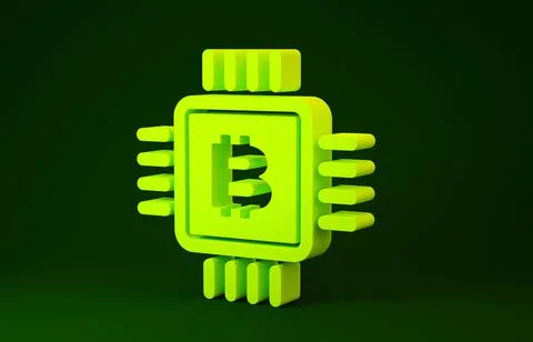 Yellow CPU mining farm icon isolated on green background. Bitcoin sign inside 스톡 일러스트