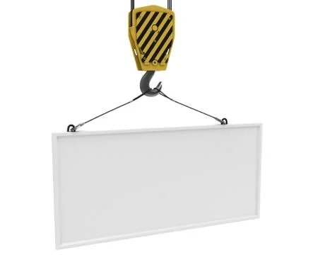 Yellow crane hook lifting white blank plane for text Stock Illustration