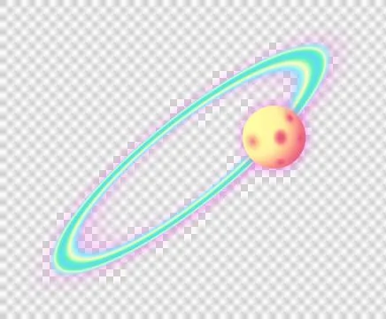 Yellow cratered sphere is orbiting within neon-pink rainbow ring in flat style Stock Illustration