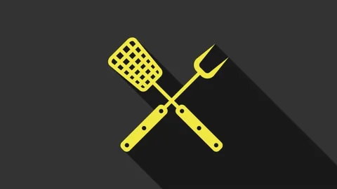Yellow Crossed fork and spatula icon isolated on grey background. BBQ fork and Stock Footage 147695701