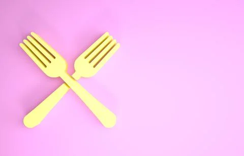 Yellow Crossed fork icon isolated on pink background. Cutlery symbol. Minimal 스톡 일러스트