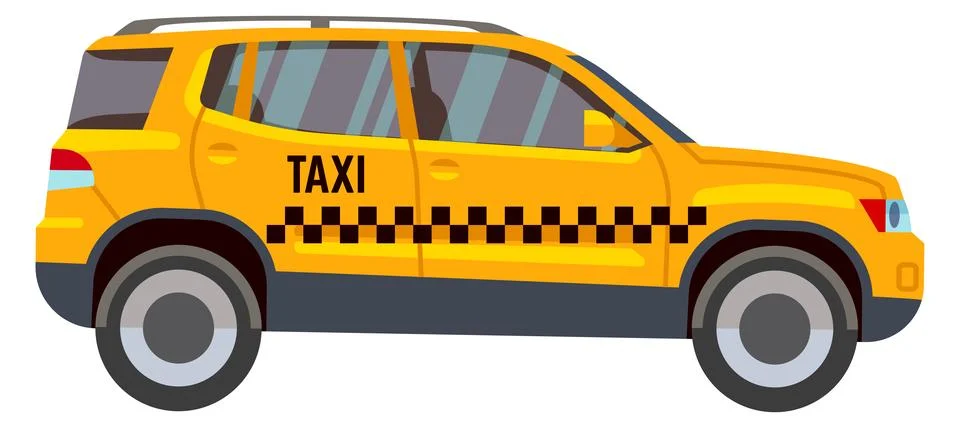 Yellow crossover car with checkered pattern. Taxi service auto 스톡 일러스트