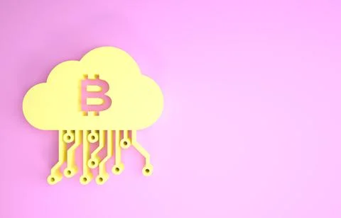 Yellow Cryptocurrency cloud mining icon isolated on pink background. Blockcha 库存插图