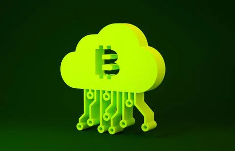 Yellow Cryptocurrency cloud mining icon isolated on green background. Blockch 스톡 일러스트