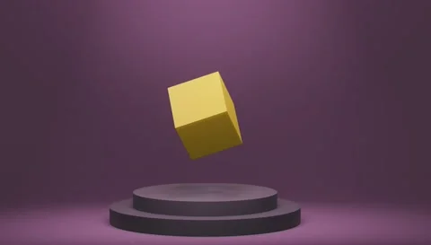 Yellow cube is rotating under pedestal Stock Footage 146897144