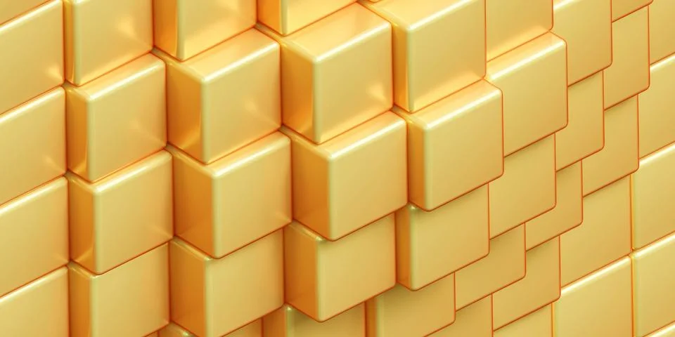 Yellow cubes with metallic surface 3d render illustration modern minimalistic Stock Illustration